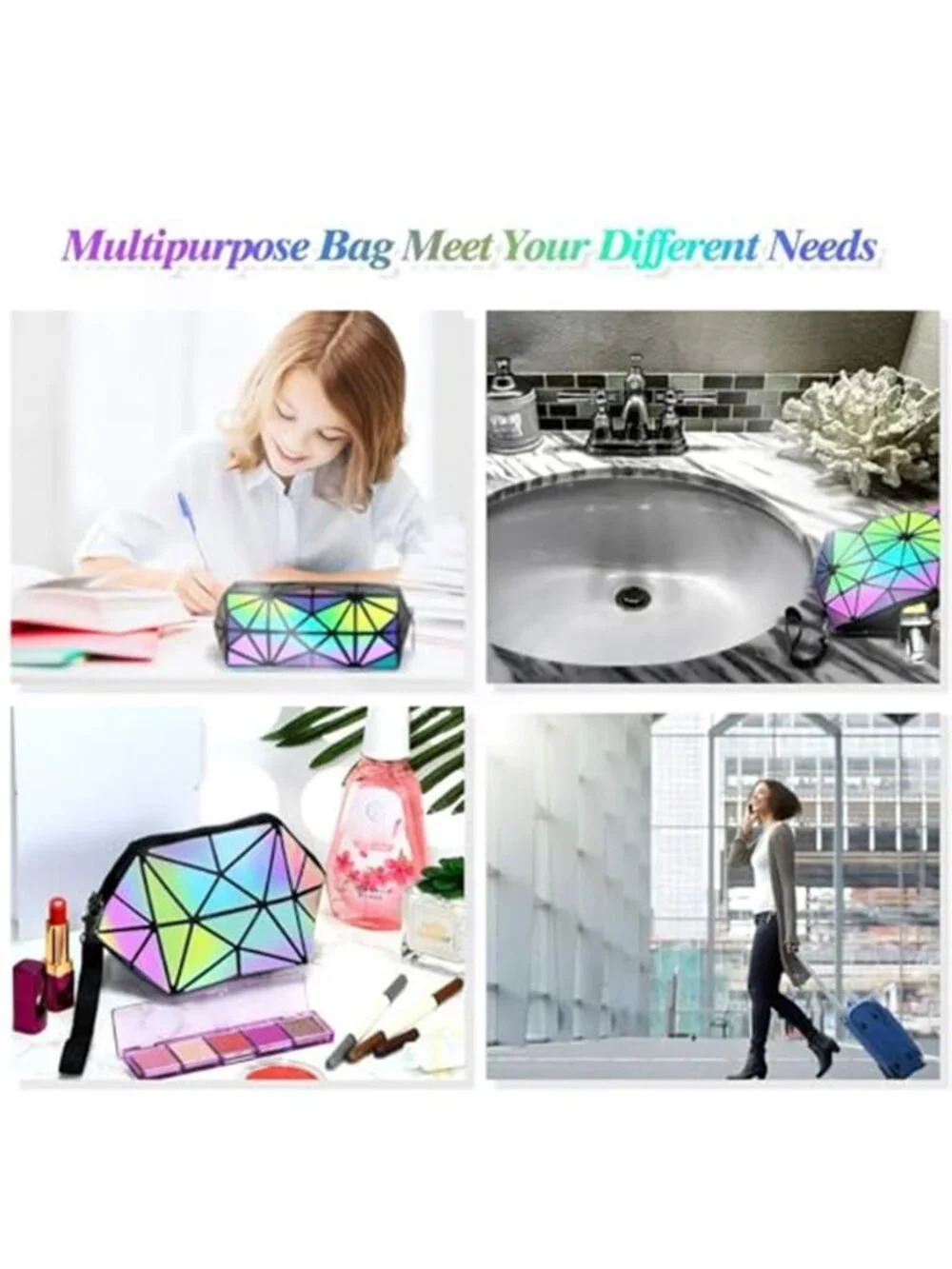 3 Pcs Makeup Bags Travel Cosmetic Organizer Case,Holographic